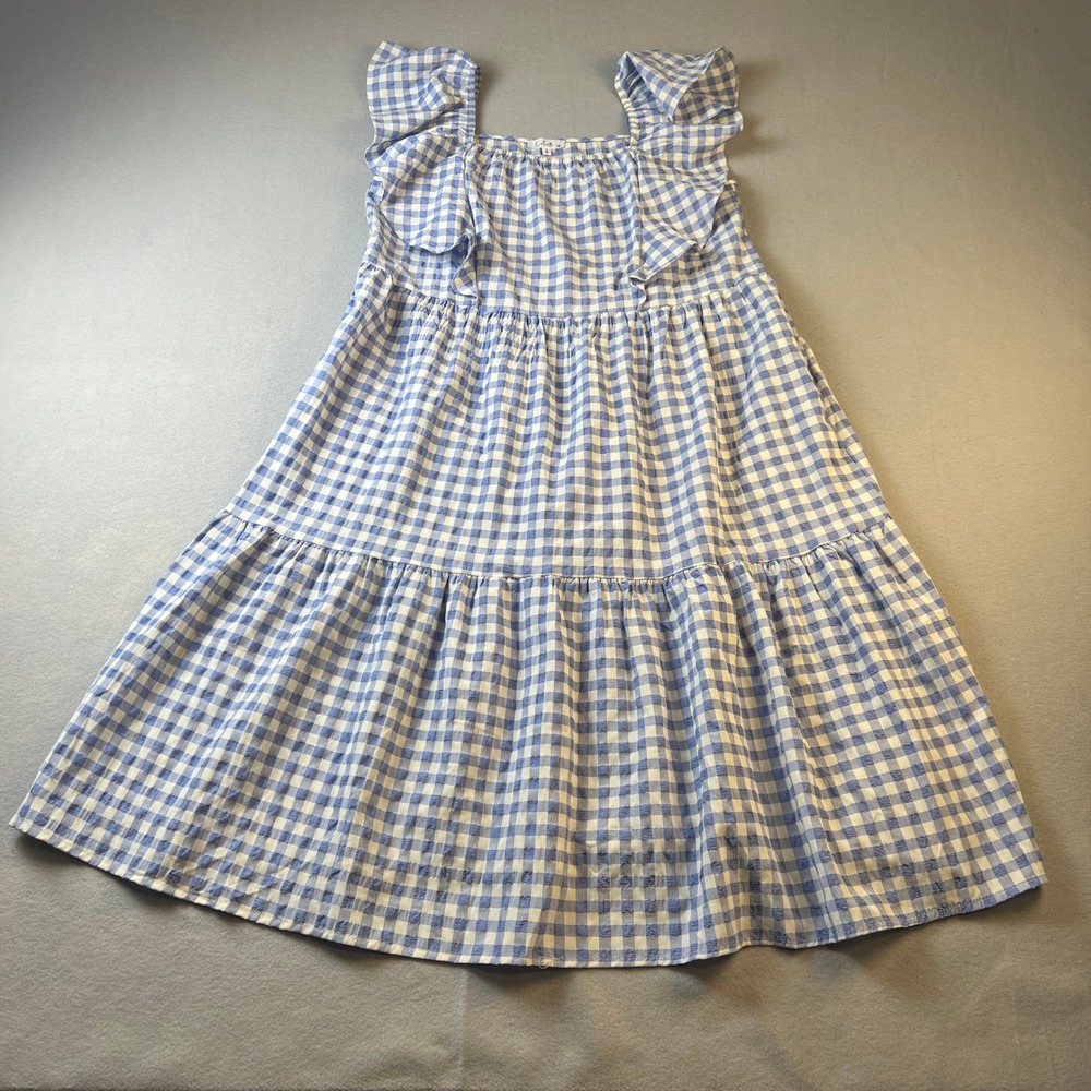 Gingham Tiered Midi Dress Womens Medium Blue White Ruffle Summer Cottagecore - Picture 2 of 10